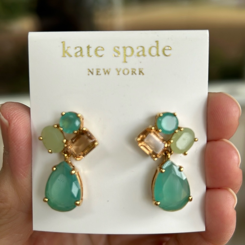 NWT Kate Spade Gold Tone Post Earrings w Aqua Blue, Pale Green & Tan Rhinestones